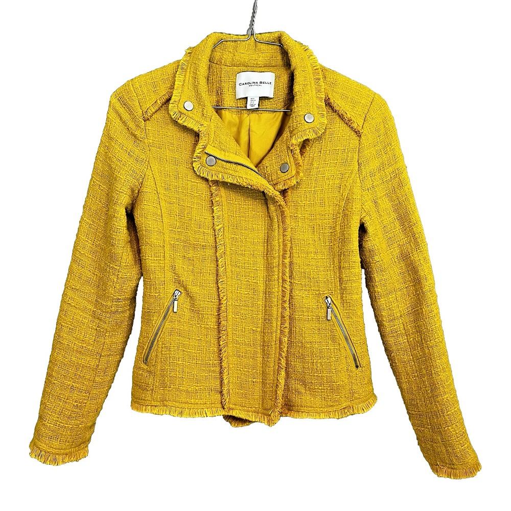 Carolina Belle Montreal Motorcycle‎ Jacket Yellow Tweed Frayed Trim Women's S